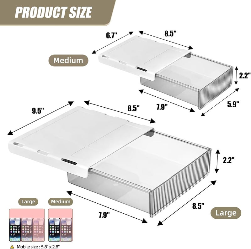 TooCust 2Pcs Under Desk Storage Drawers Slide Out,Large&Medium,Stick On Drawers,Under Desk Organizer Hidden Under Table Drawer for Home Office School Organization and Storage-Clear White - Image 2